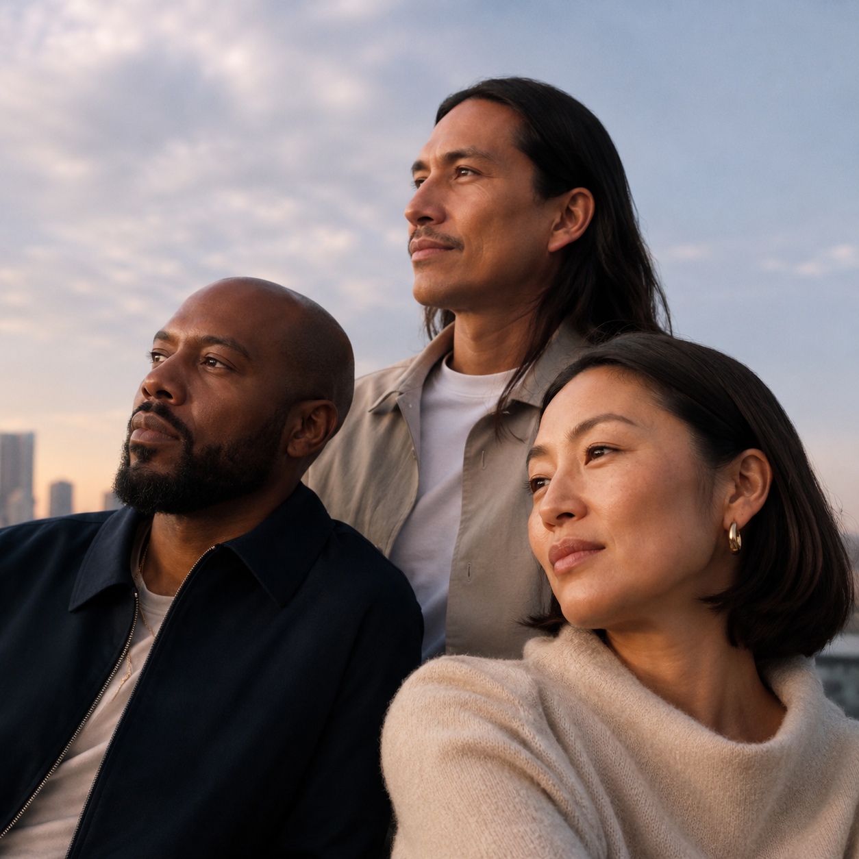 Three friends looking ahead together