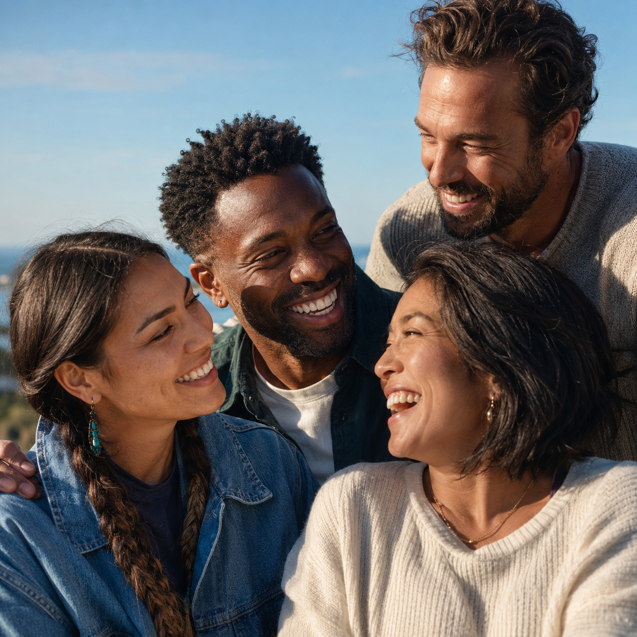 Four friends laughing together outdoors
