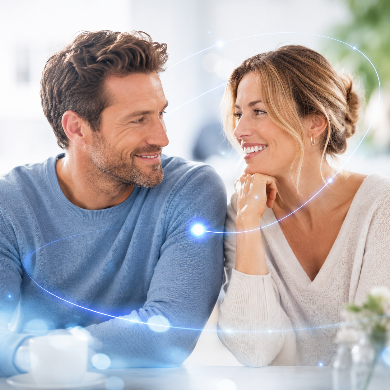 Two smiling people in bright sunlight