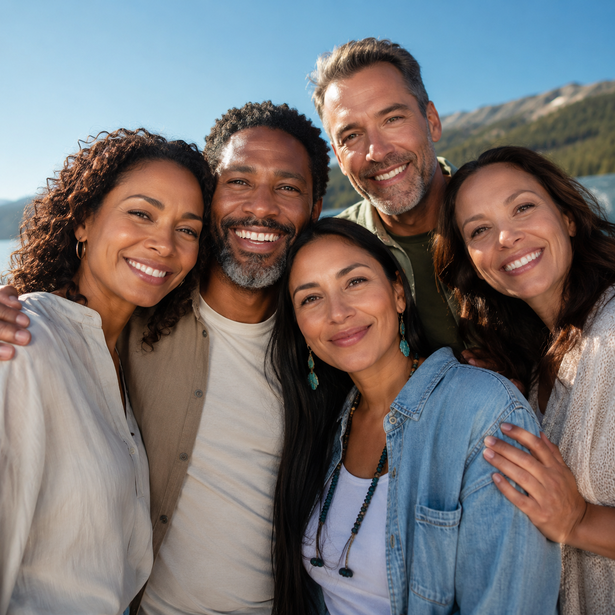 Five friends smiling together outdoors