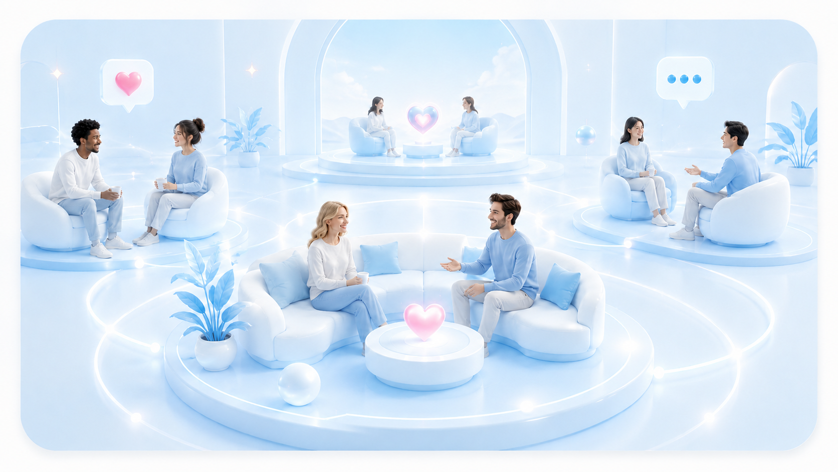 A glowing social space with connected profile figures