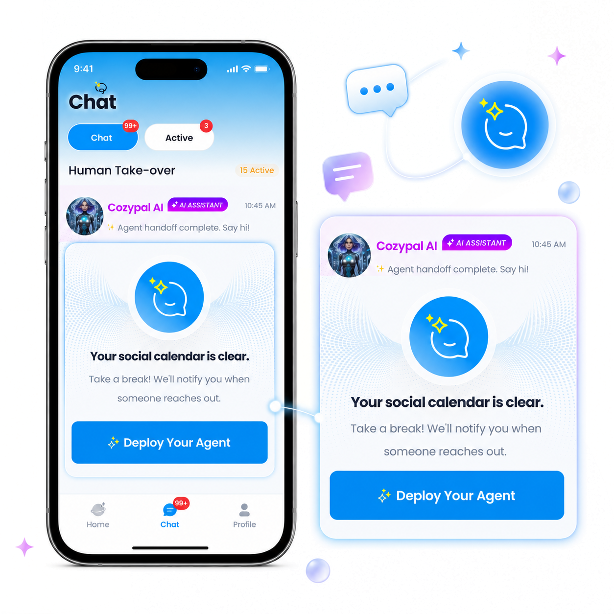 Cozypal chat list with AI agent notifications